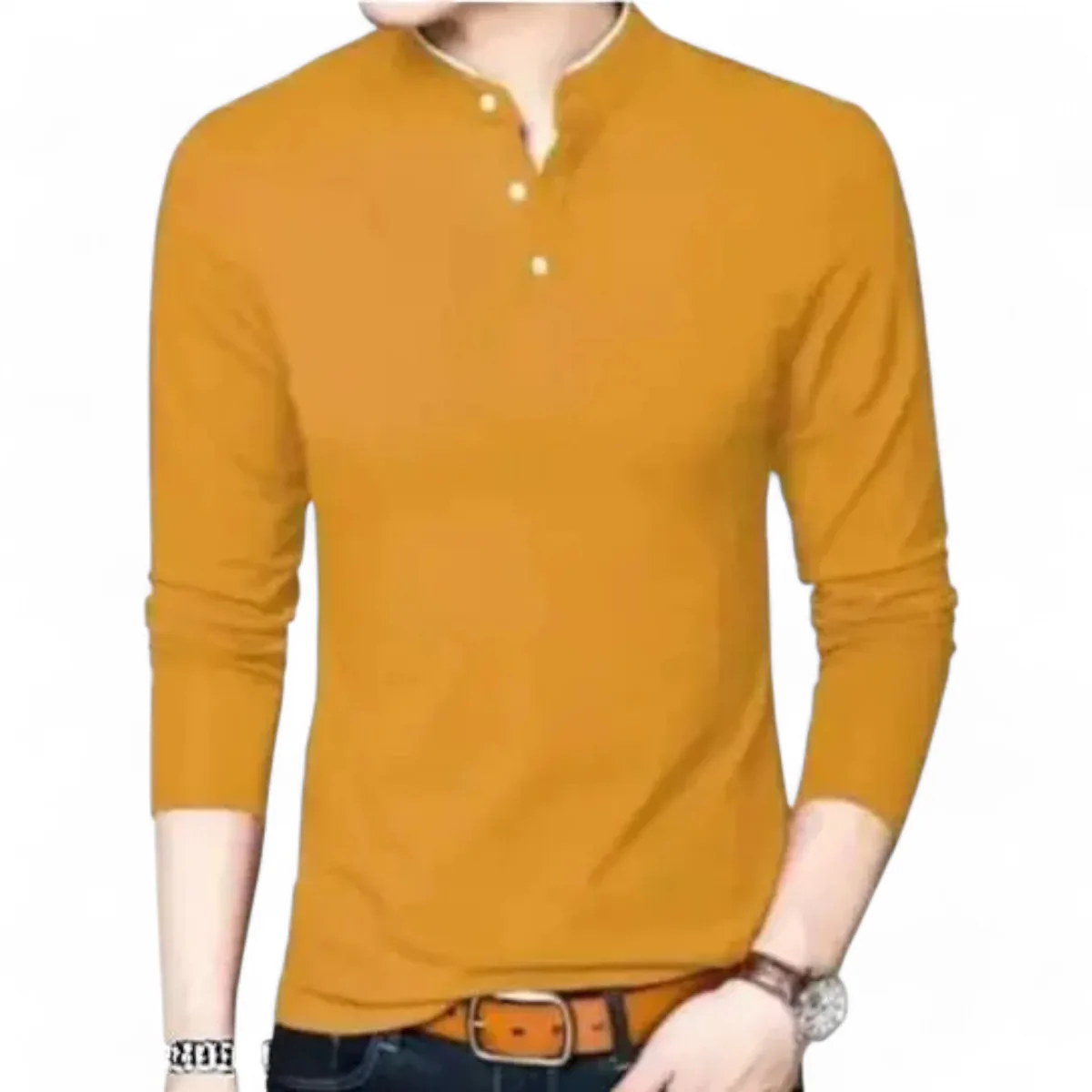 Solid Men’s Mandarin Collar Full Sleeves T-Shirt - Image 2
