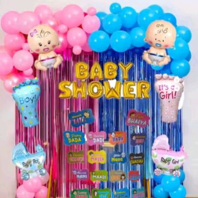 57Pcs Baby Shower Decoration Items – Balloons, Foil Curtains & Props
