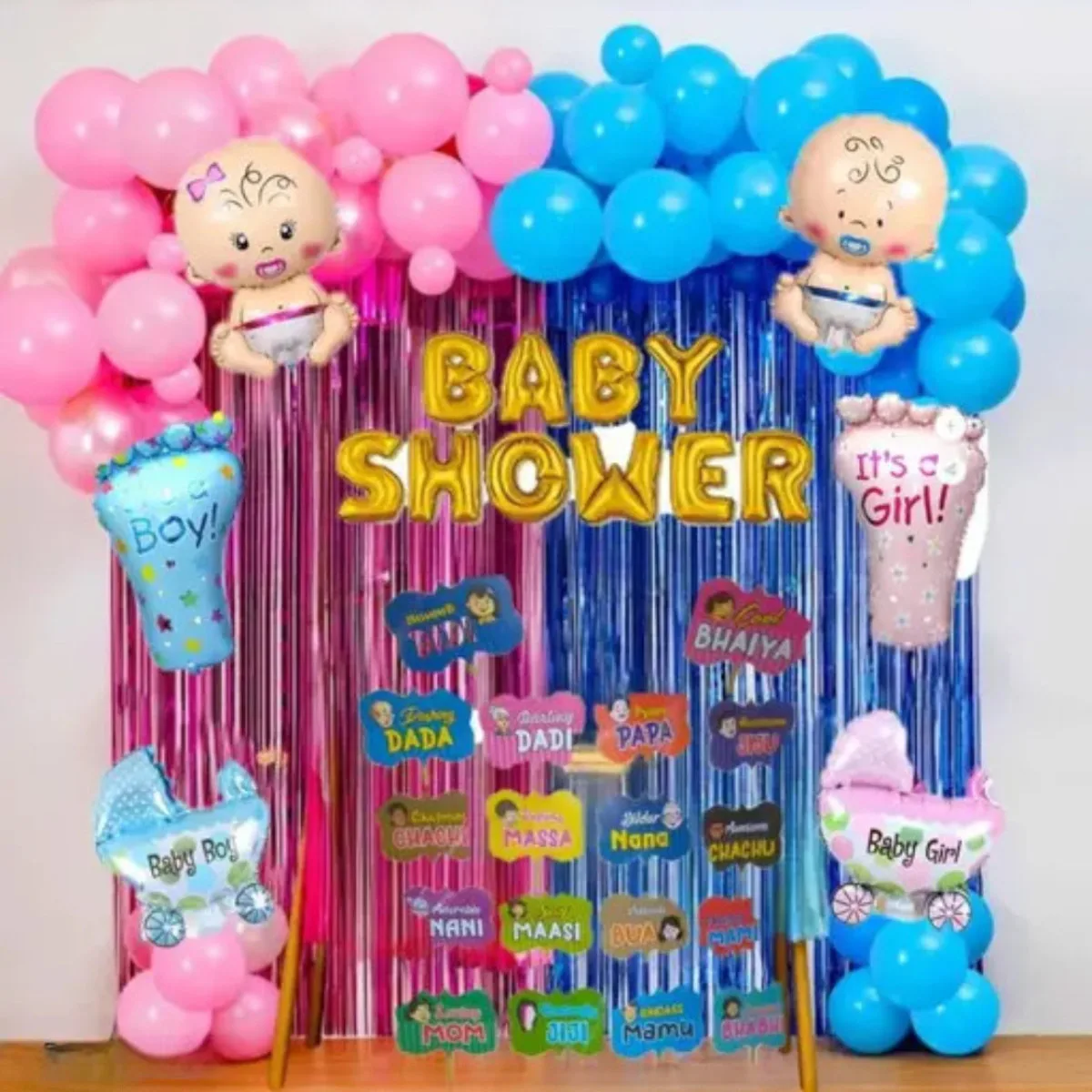 57Pcs Baby Shower Decoration Items – Balloons, Foil Curtains & Props
