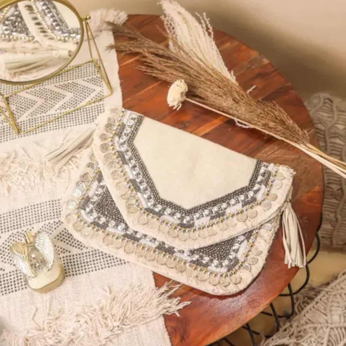 Boho Jute Bag with Silver Handwork & Sling Option