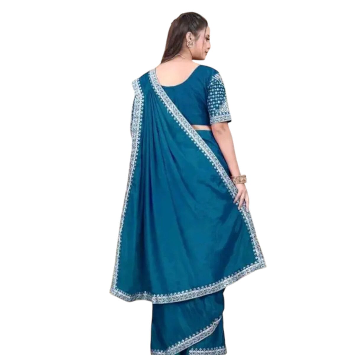 Teal Ready-to-Wear Ruffle Saree with Embroidery – Art Silk - Image 3