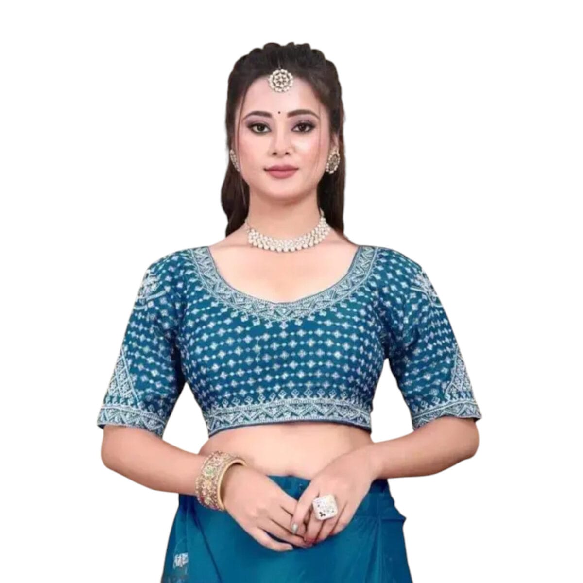 Teal Ready-to-Wear Ruffle Saree with Embroidery – Art Silk - Image 2