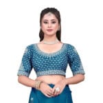 Teal Ready-to-Wear Ruffle Saree with Embroidery – Art Silk - Image 2