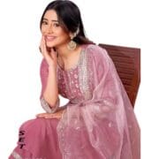 Gajri Color Partywear Kurti Set for Women – Embroidered Cotton Blend Kurta Pant Dupatta - Image 3