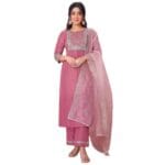 Gajri Color Partywear Kurti Set for Women – Embroidered Cotton Blend Kurta Pant Dupatta