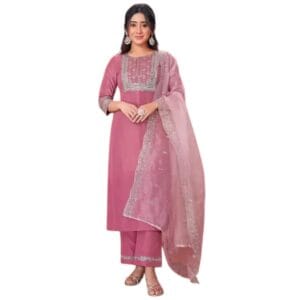 Gajri Color Partywear Kurti Set for Women – Embroidered Cotton Blend Kurta Pant Dupatta