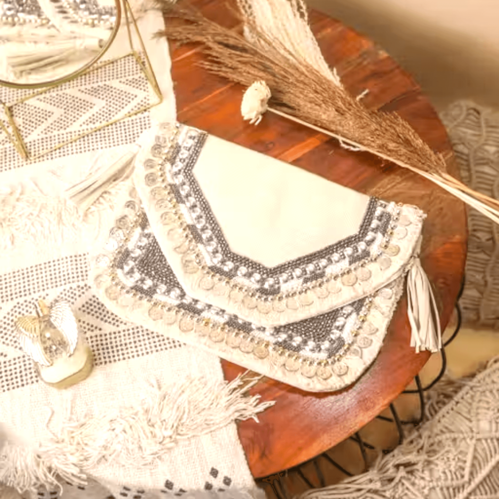 Boho Jute Bag with Silver Handwork & Sling Option