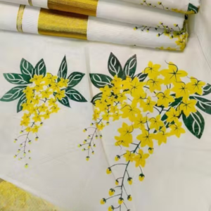 Premium Kerala Kasavu Saree with Golden Zari & Yellow Floral Design