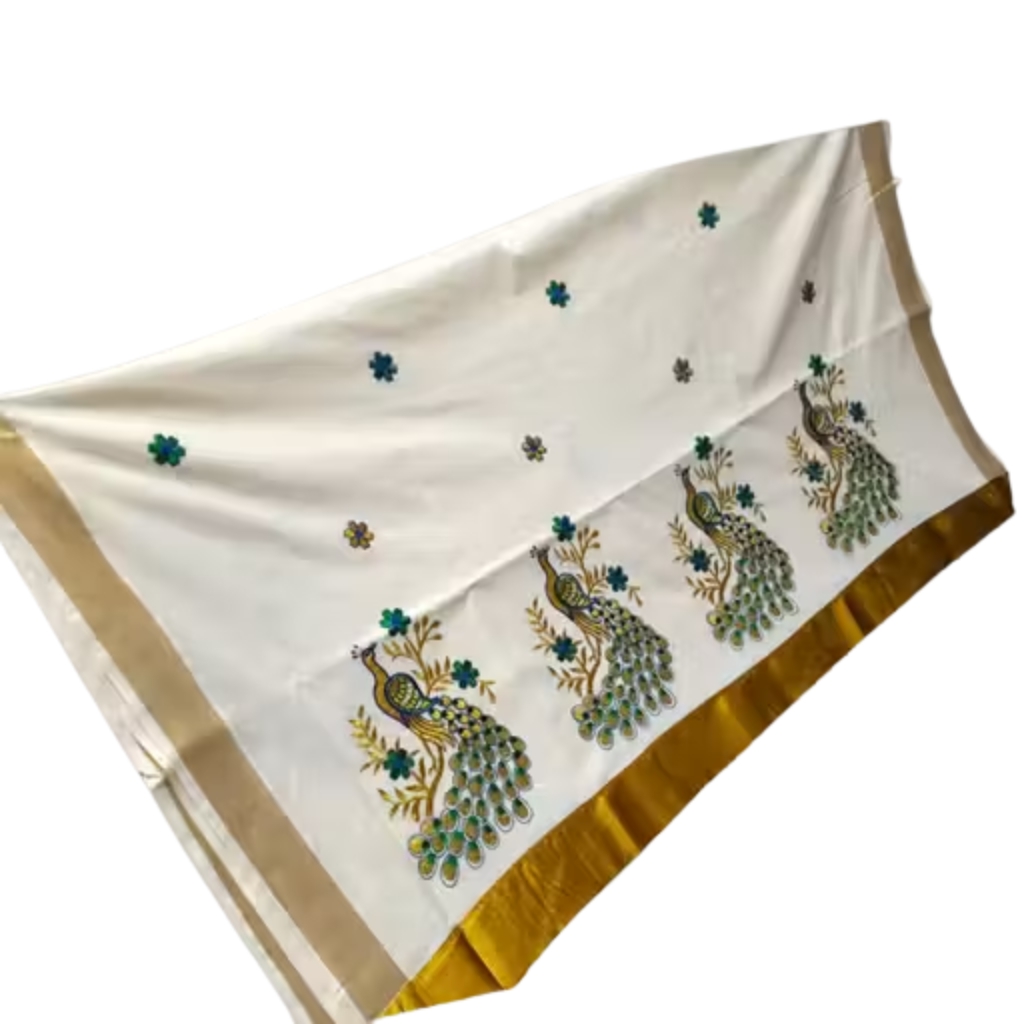 Special Peacock Embroidery Kerala Traditional Cotton Blend Saree - Image 2