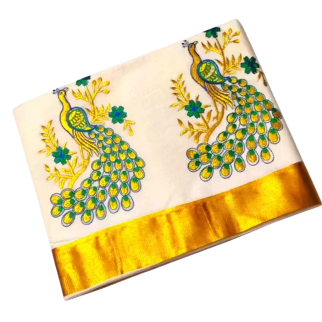 Special Peacock Embroidery Kerala Traditional Cotton Blend Saree - Image 3