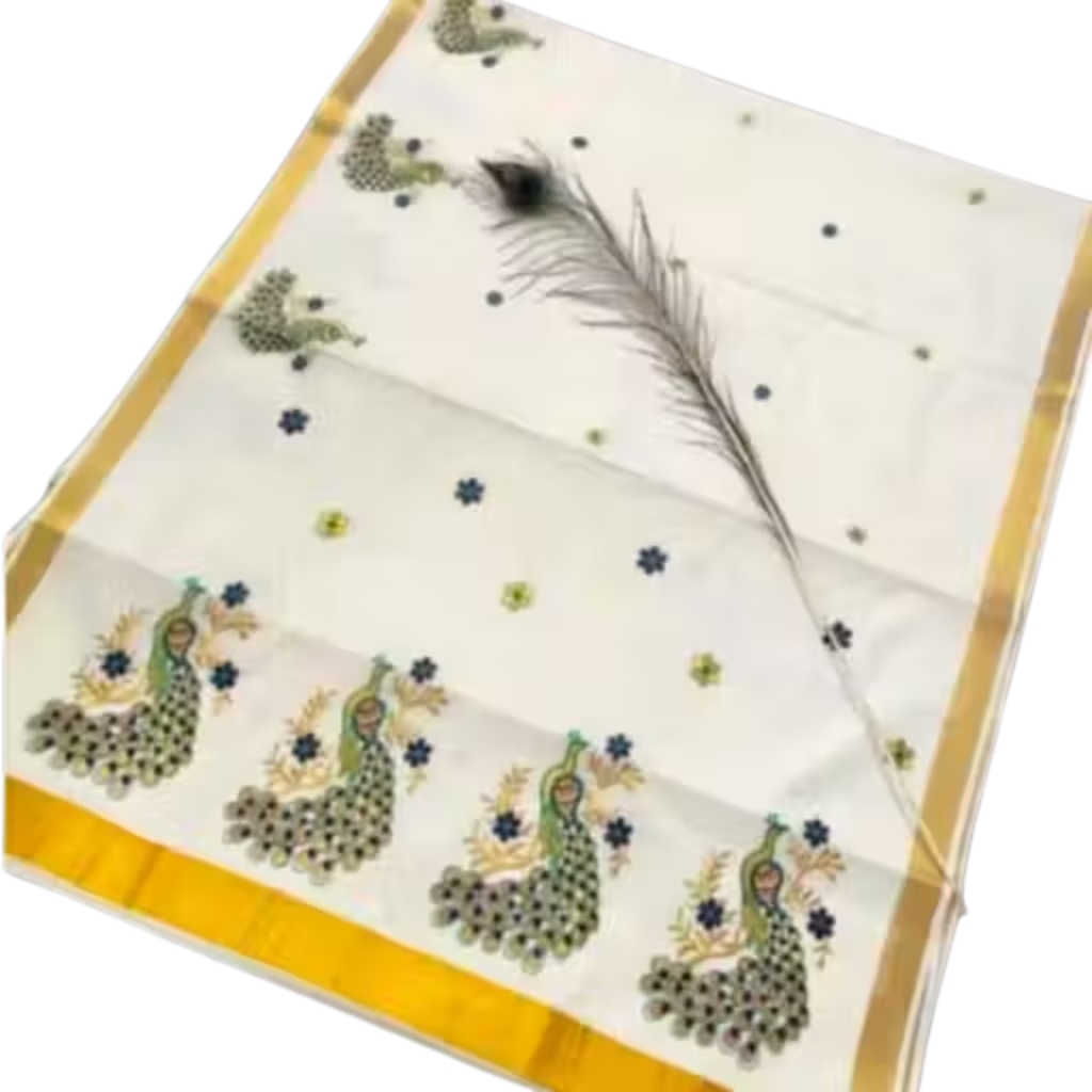 Special Peacock Embroidery Kerala Traditional Cotton Blend Saree - Image 4