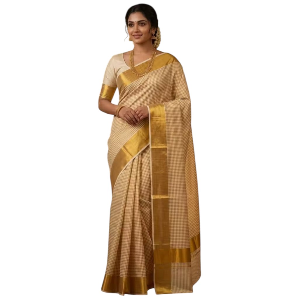 Kerala Fashion Trendy Mini Checked Tissue Saree with Running Blouse