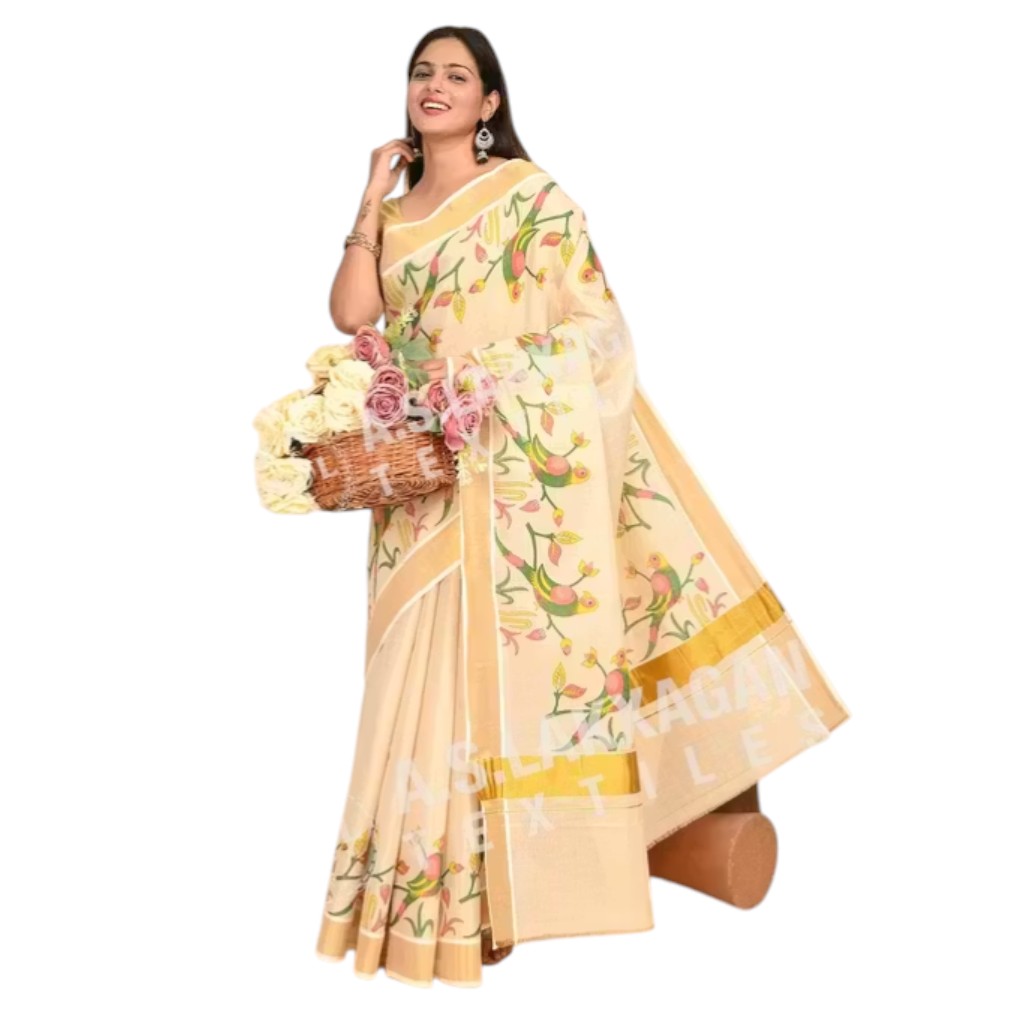 Kasavu Tissue Saree Georgette with Satin Silk Blouse Piece