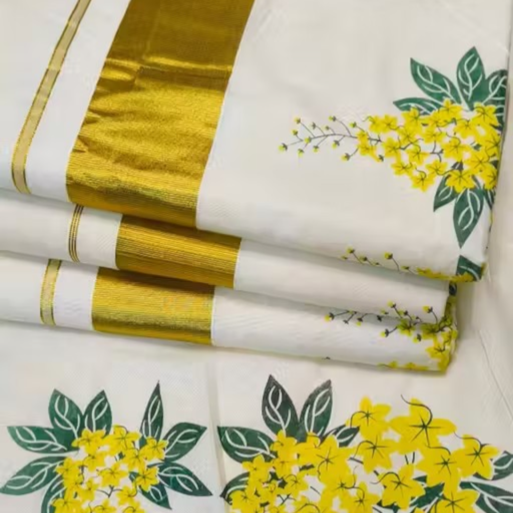 Premium Kerala Kasavu Saree with Golden Zari & Yellow Floral Design - Image 2