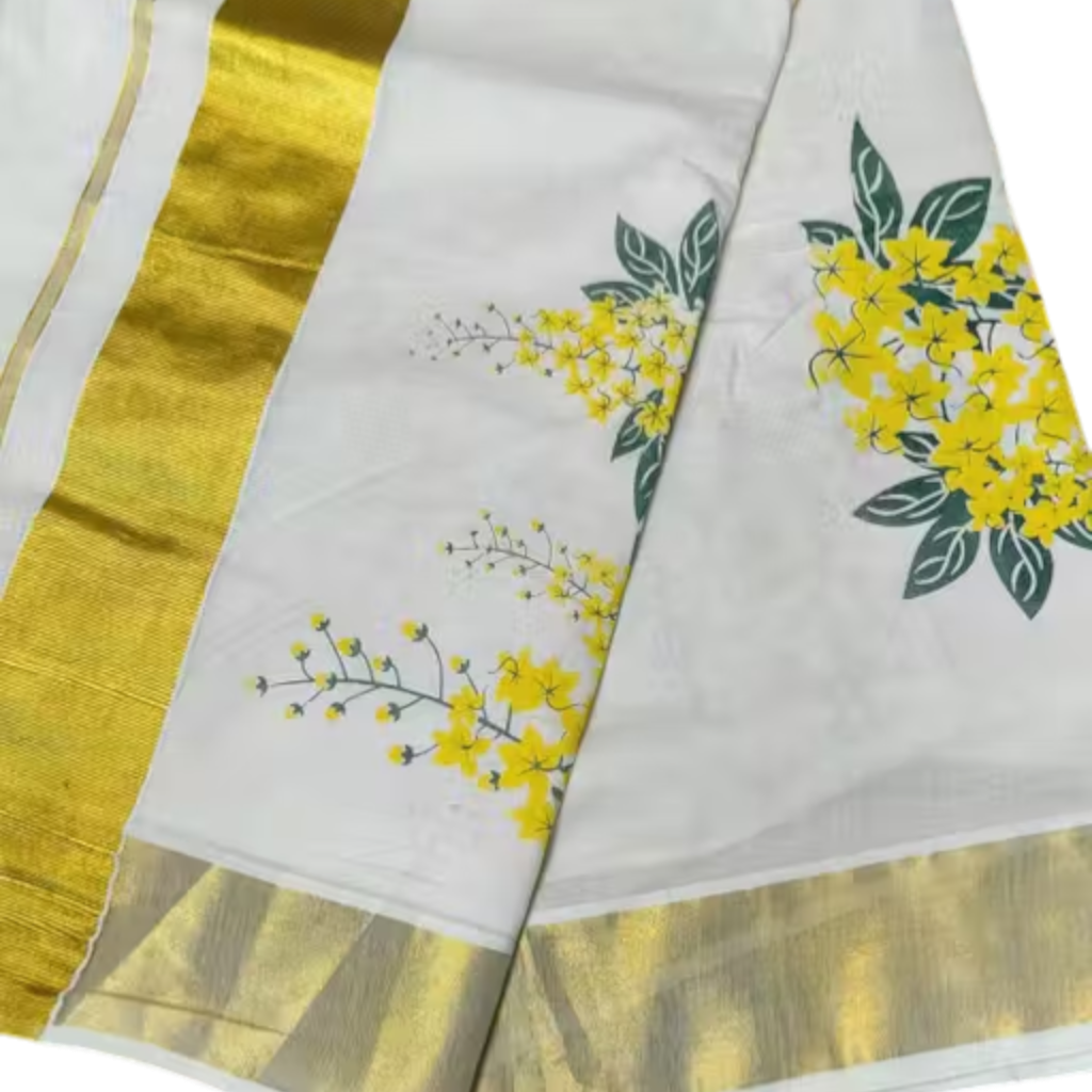 Premium Kerala Kasavu Saree with Golden Zari & Yellow Floral Design - Image 4