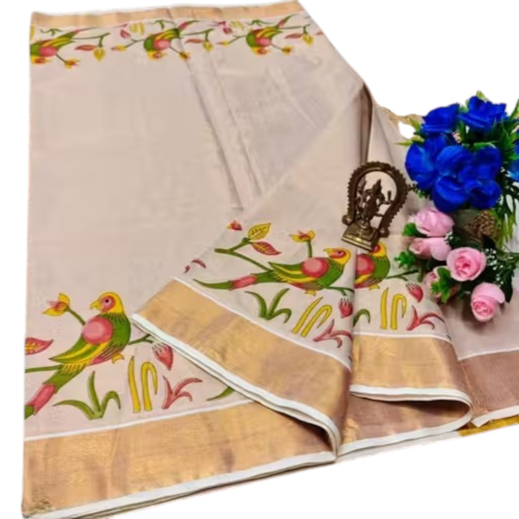Kasavu Tissue Saree Georgette with Satin Silk Blouse Piece - Image 2