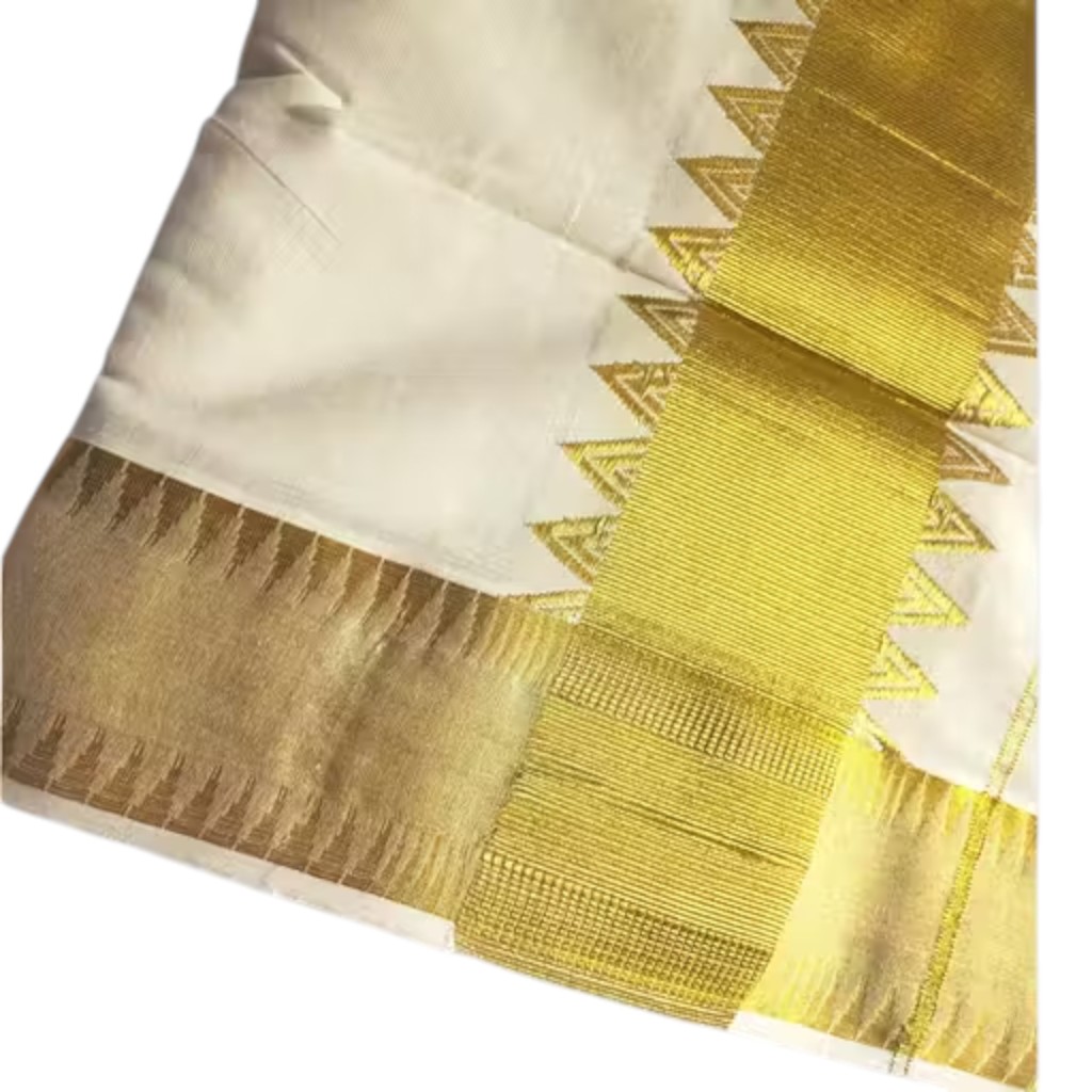 Kerala Kasavu Saree in Cotton with Traditional Golden Temple Border - Image 3
